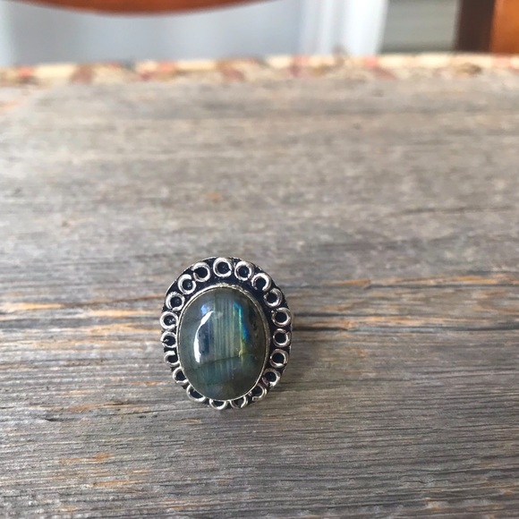 Sterling silver plated labradorite cocktail ring oval scrollwork boho jewelry - Picture 4 of 12